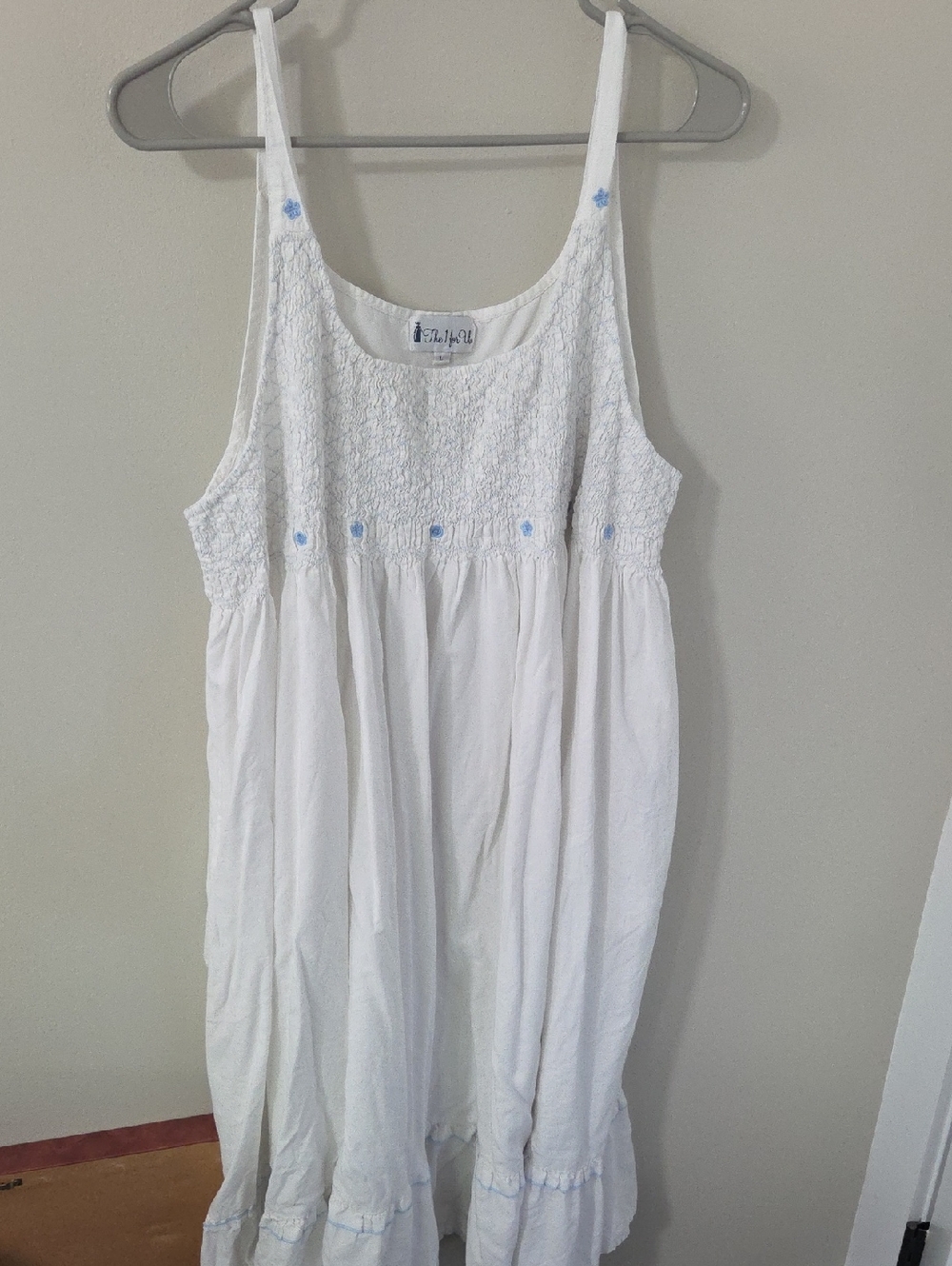 Sea Salt White Cotton Nightdress with Blue Embroidery